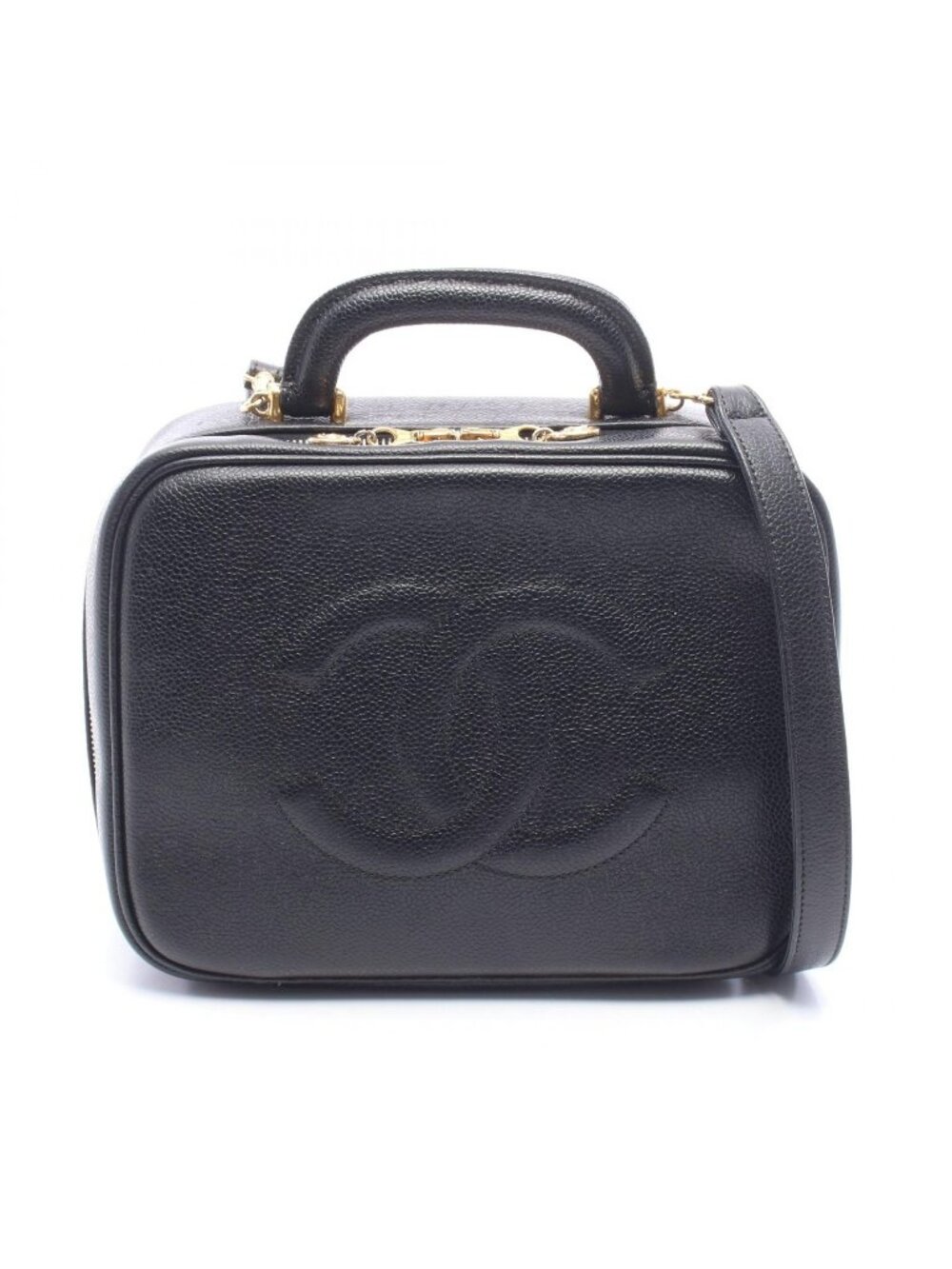 Chanel Handbag CC Logo Black Caviar Leather Vanity 2-Way Shoulder